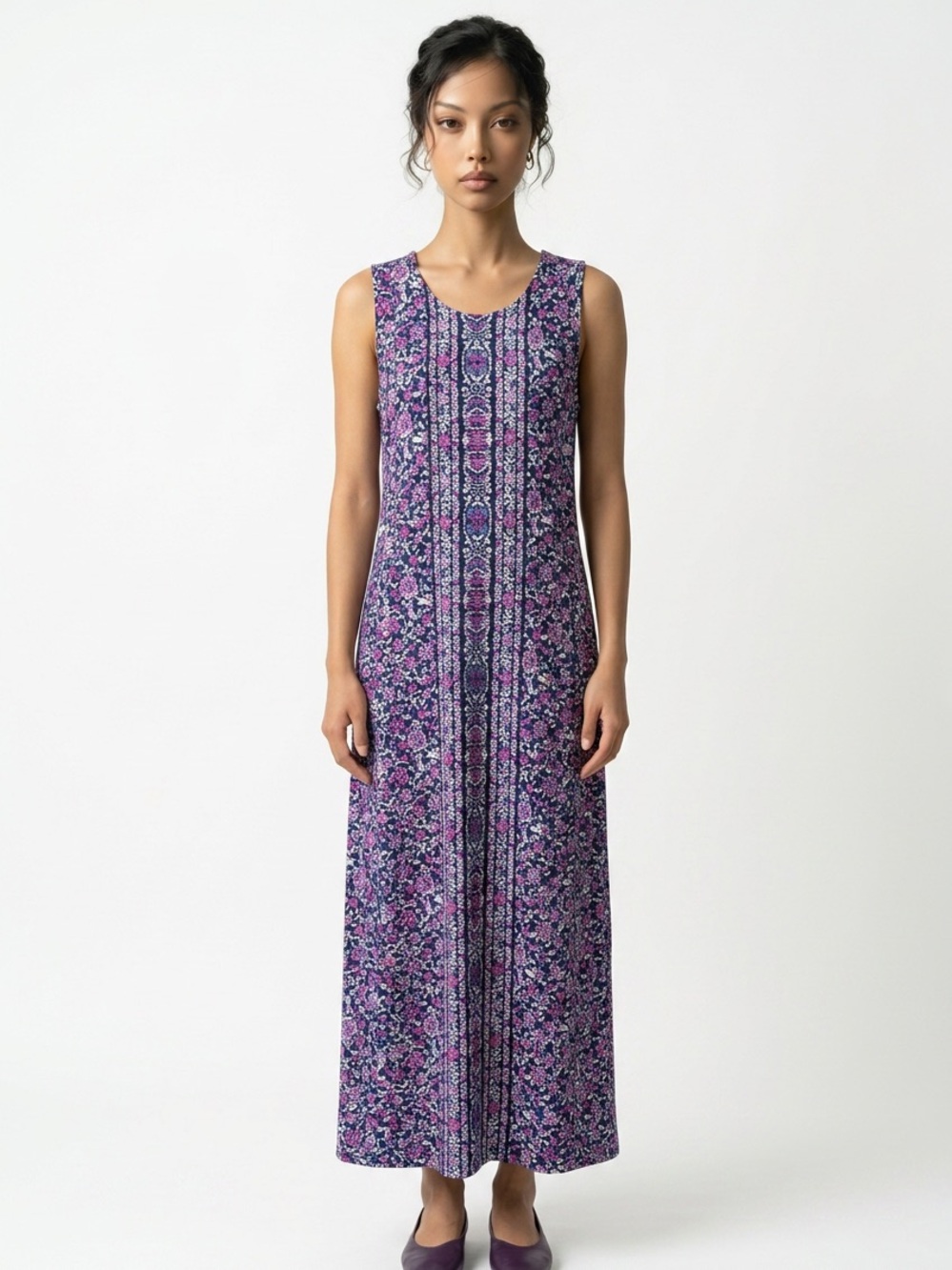 J Jill Pixel Art Sleeveless Pullover Floral Women Knit Jersey Stretch Maxi Dress